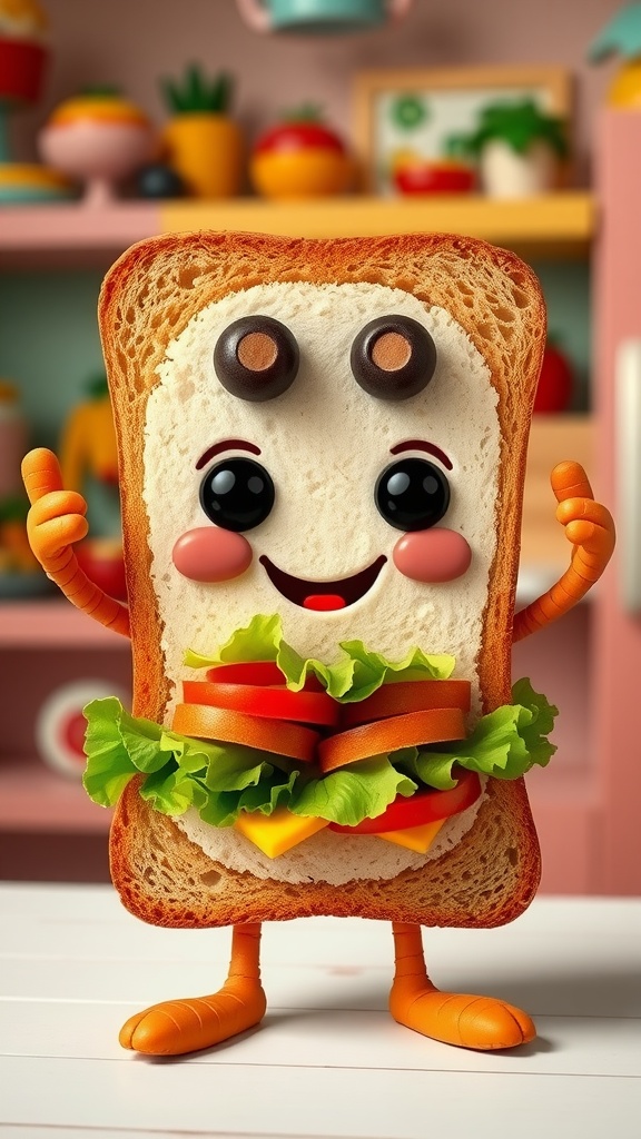 A cartoon sandwich with olive eyes and carrot stick arms, surrounded by colorful ingredients in a playful kitchen.